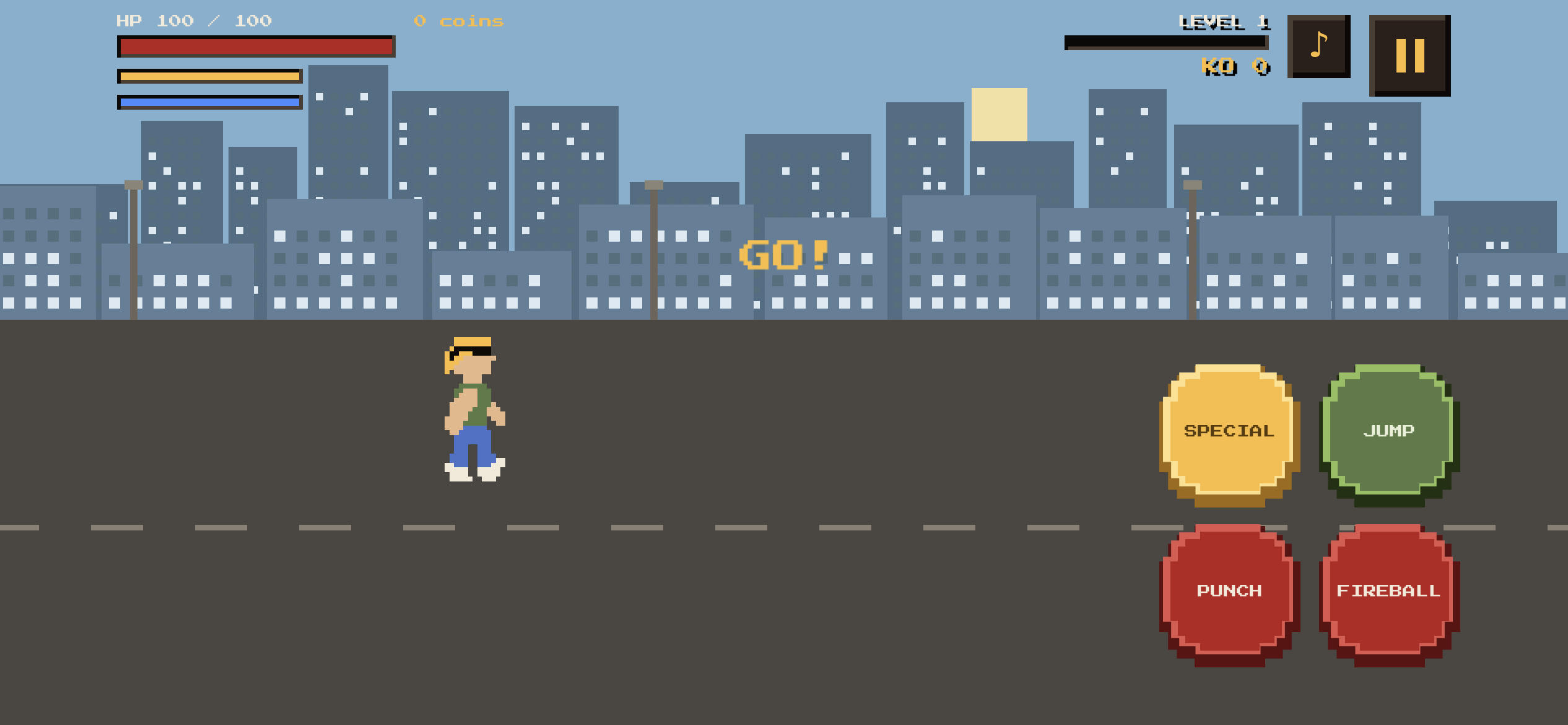 Actual City story level with the pixel-art fighter, skyline, health, stamina and magic meters, and Special, Jump, Punch and Fireball controls.