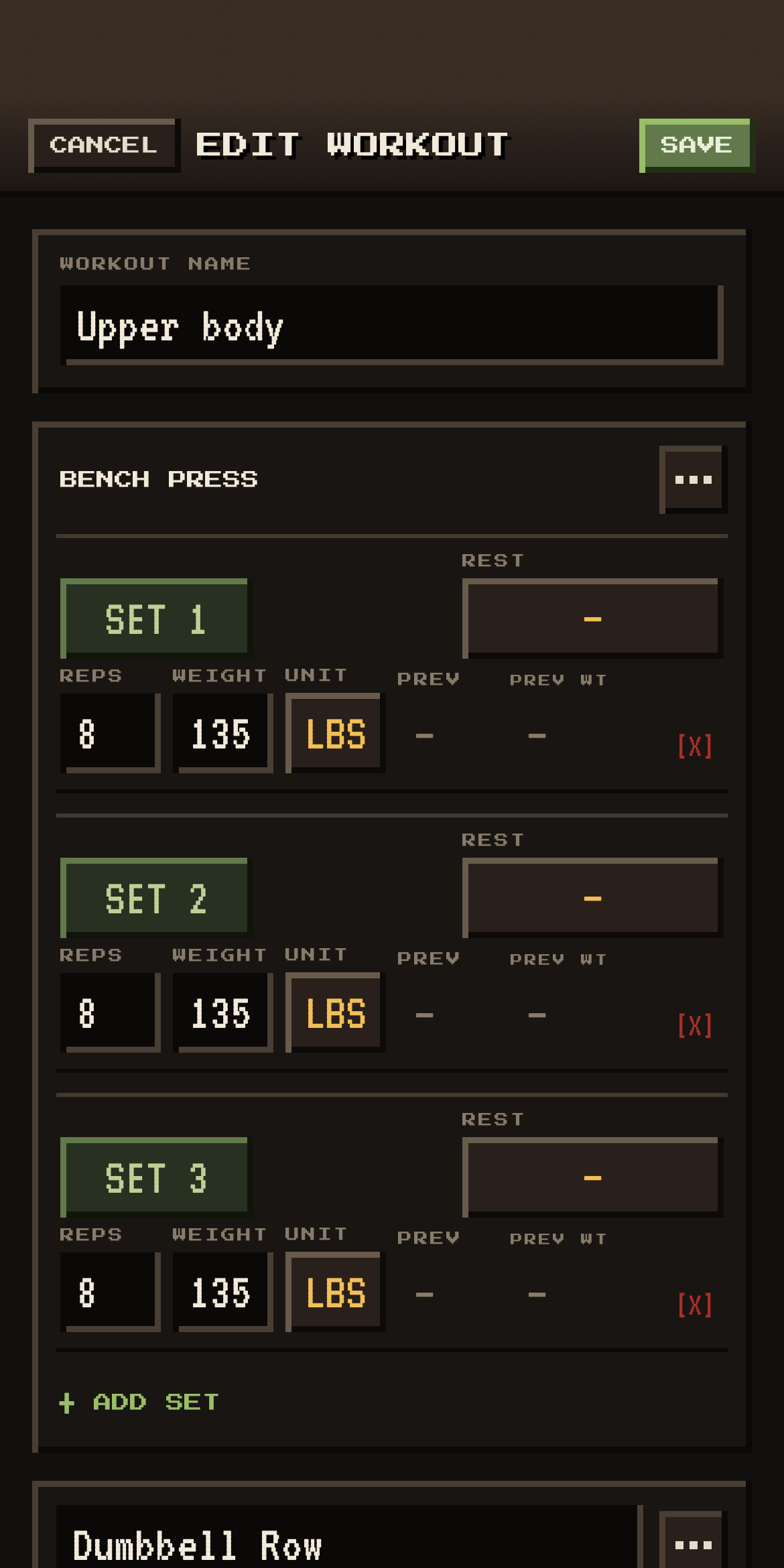 Actual workout editor: Upper body session with Bench Press sets, 8 reps at 135 lbs, editable weight and rest fields.